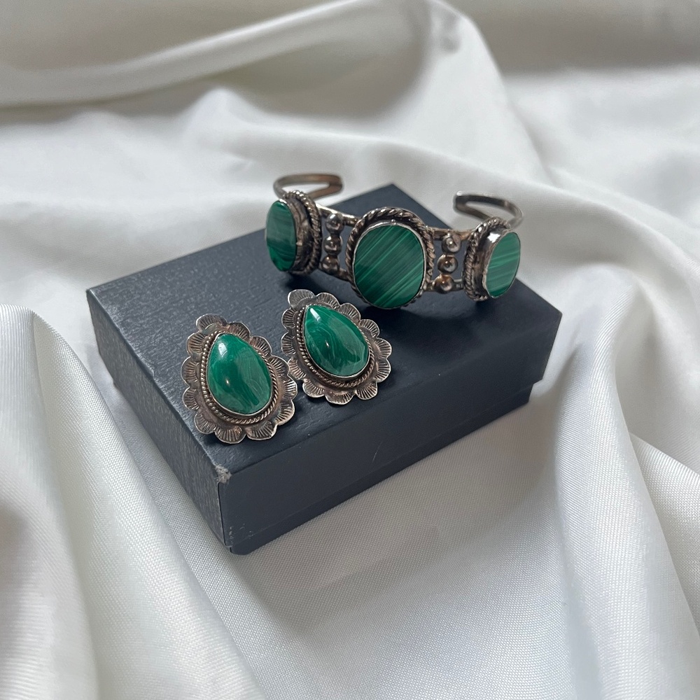Vintage Sterling Silver Malachite Cuff Bracelet